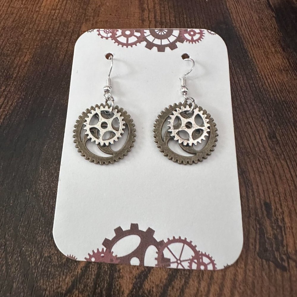 New Handmade Steampunk Gear Dangle Earrings (1.75" long x 0.9" wide) (Version 13